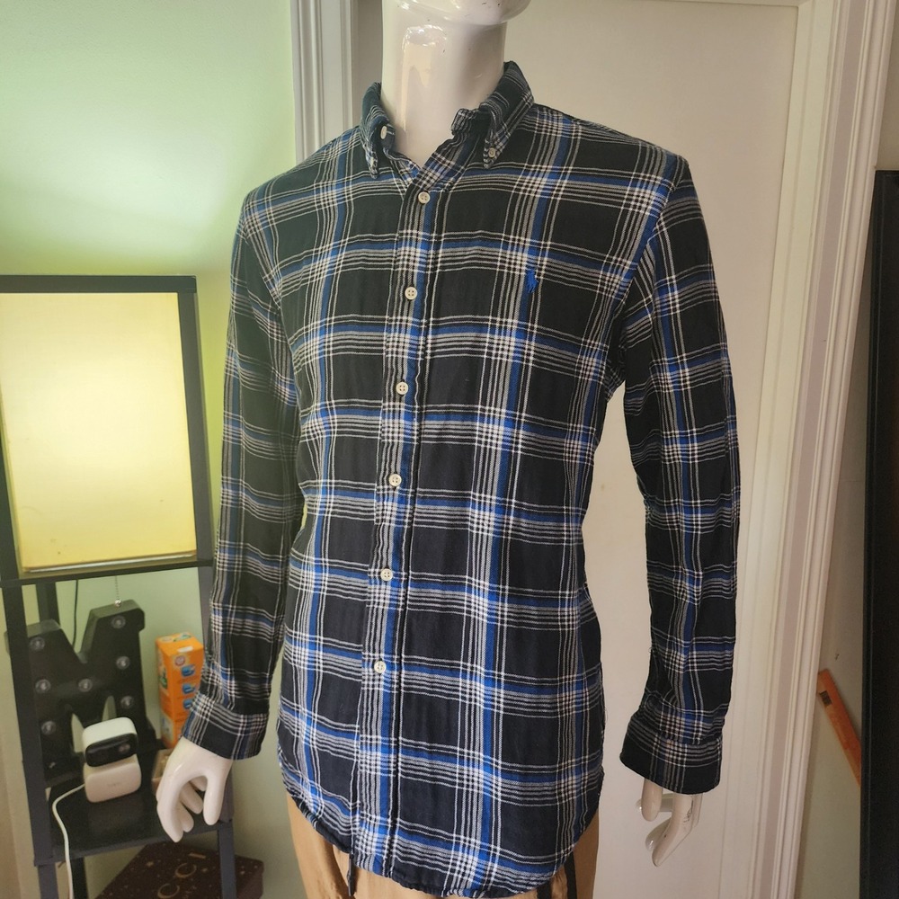 Polo Ralph Lauren Mens Large Plaid Button Down Shirt Blue White Long Sleeve A23